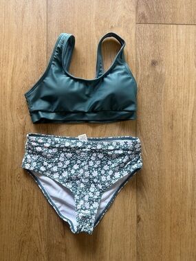 Girls Green Floral High-Waist Bikini Set